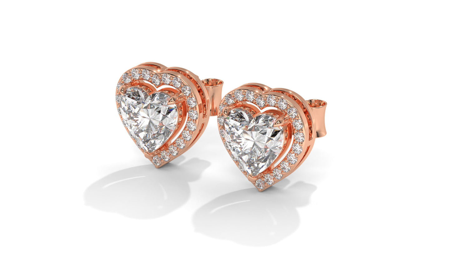 4.44 CTW Heart-Shaped Diamond Halo Stud Earrings In 14K Rose Gold – 0.44 CTW Side Stones