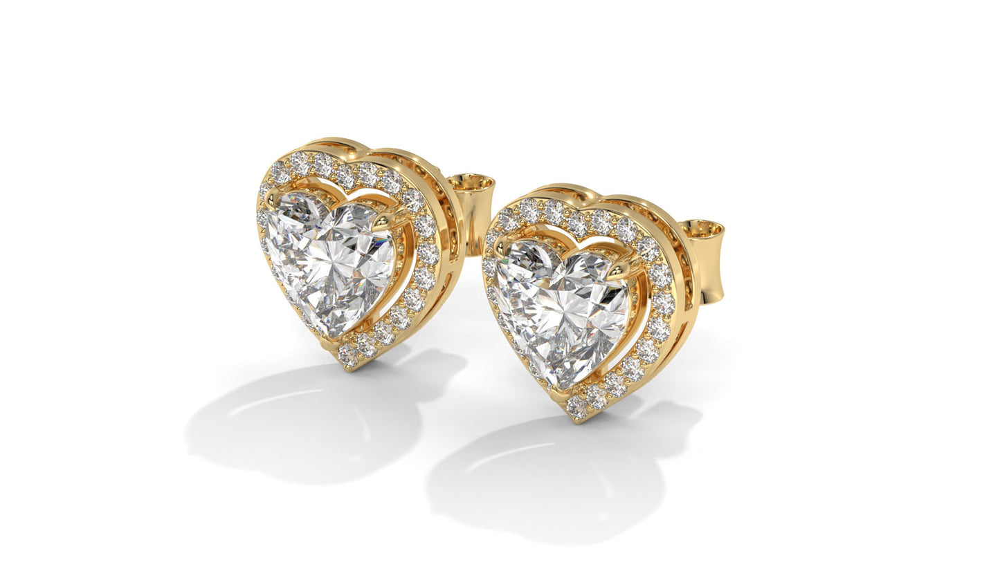 4.44 CTW Heart-Shaped Diamond Halo Stud Earrings In 14K Yellow Gold – 0.44 CTW Side Stones
