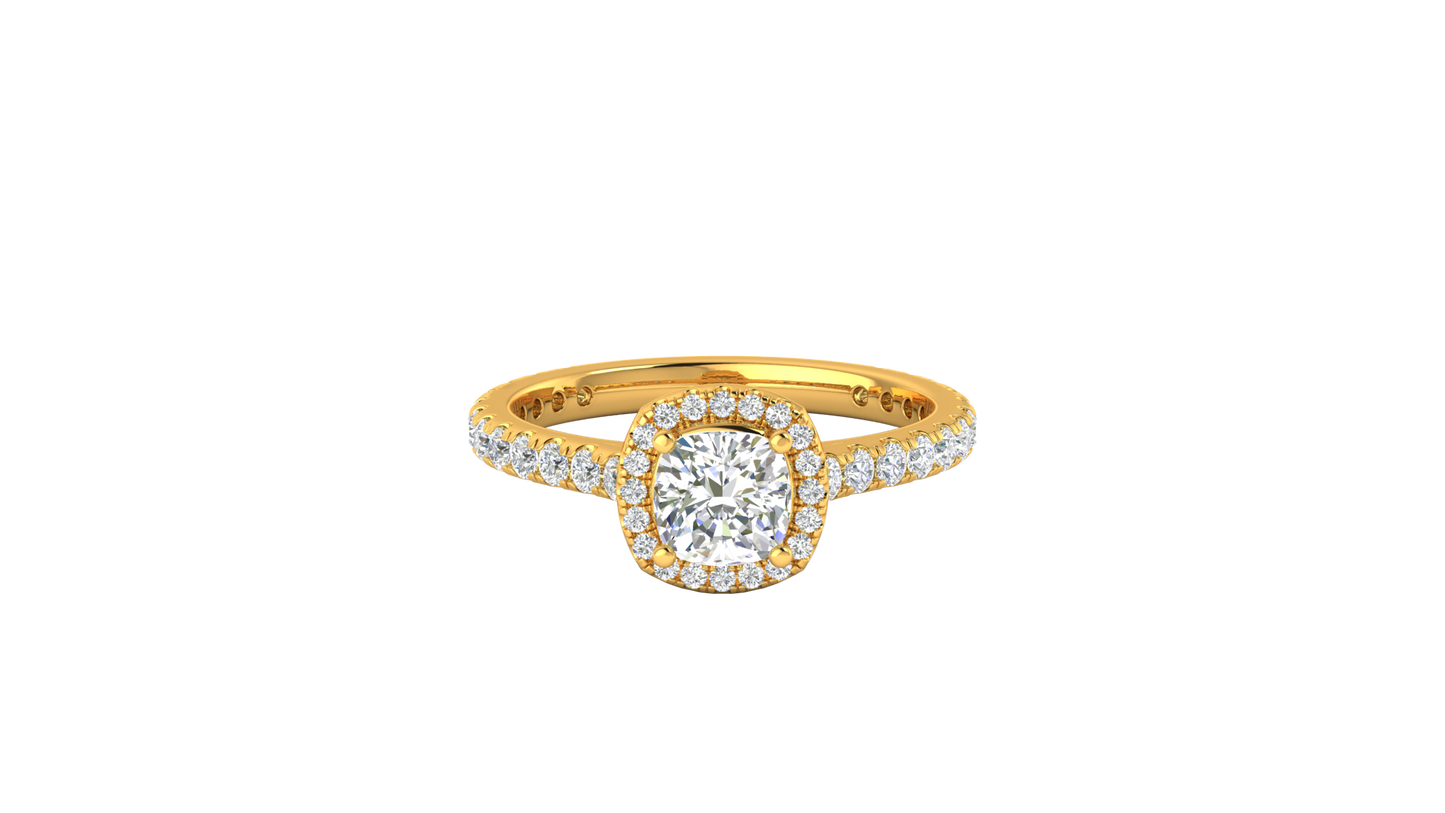 1 Carat Cushion-Cut Halo Engagement Ring With Pavé Diamond Band In 14K Yellow Gold