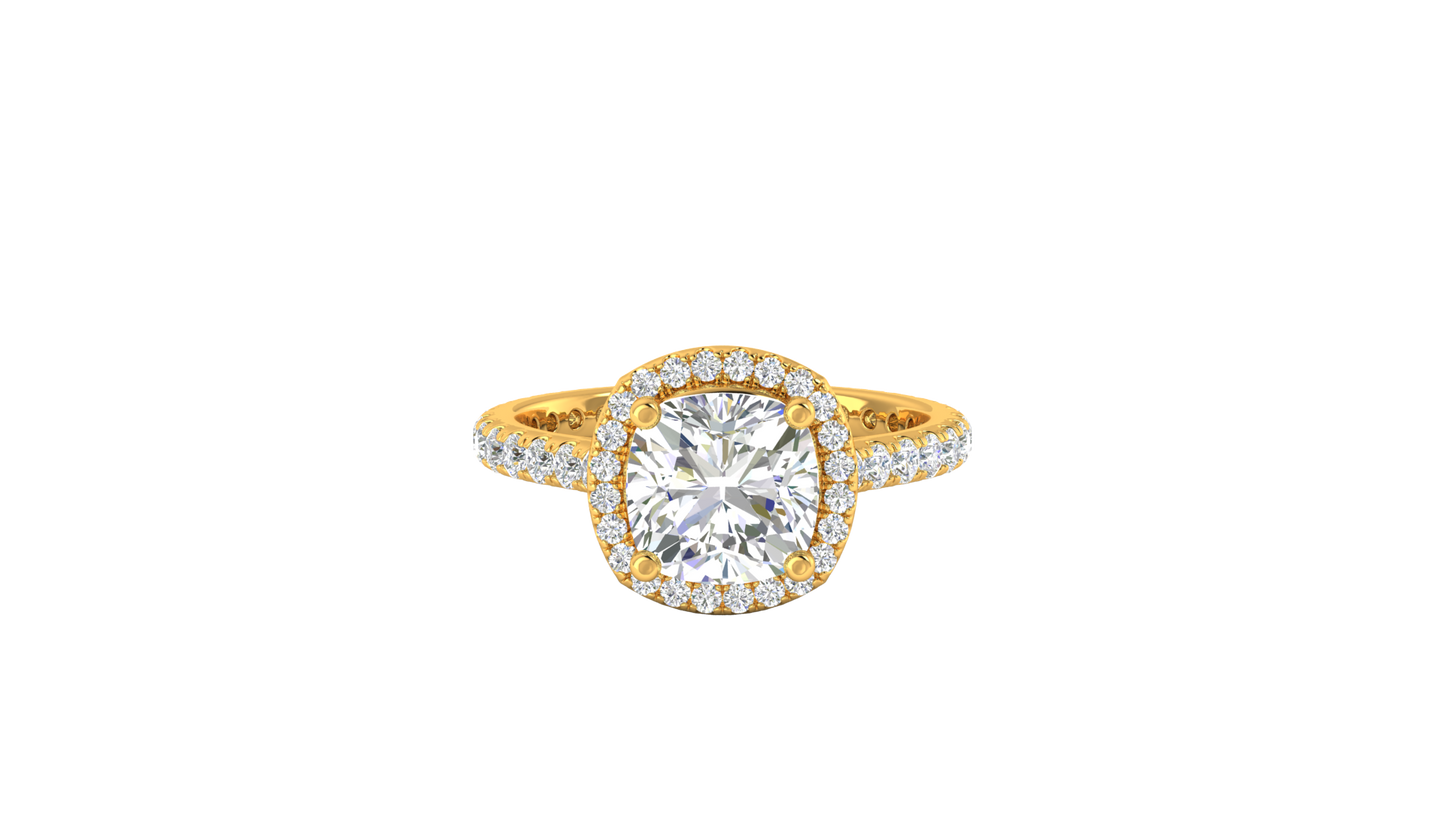 3 Carat Cushion-Cut Halo Engagement Ring With Pavé Diamond Band In 14K Yellow Gold