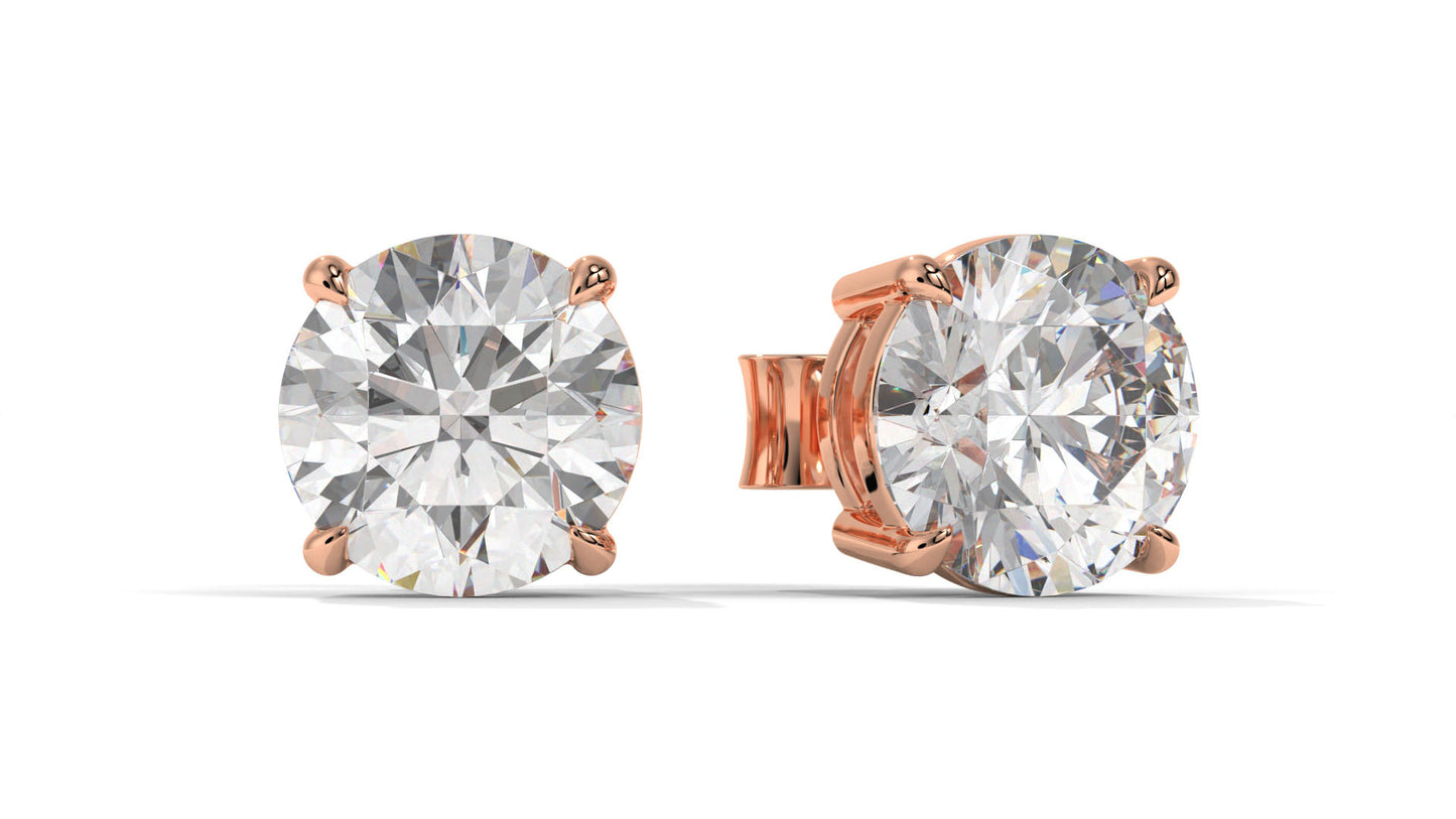 4 CTW Round Diamond Stud Earrings In 14K Rose Gold – Brilliant-Cut, Double-Prong Basket Setting