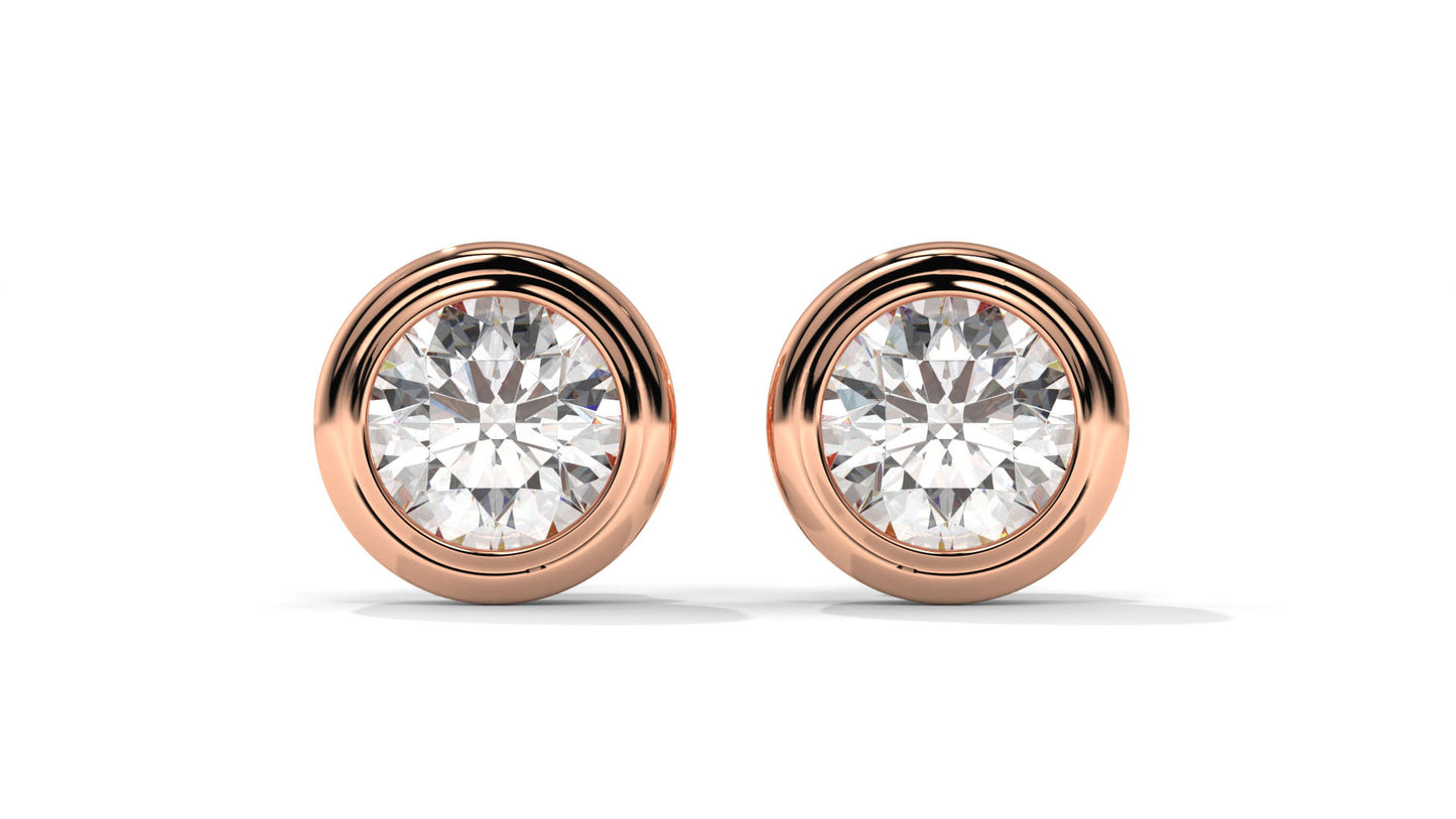 3 CTW Round Diamond Bezel-Set Stud Earrings In 14K Rose Gold – Brilliant-Cut, Screw Back