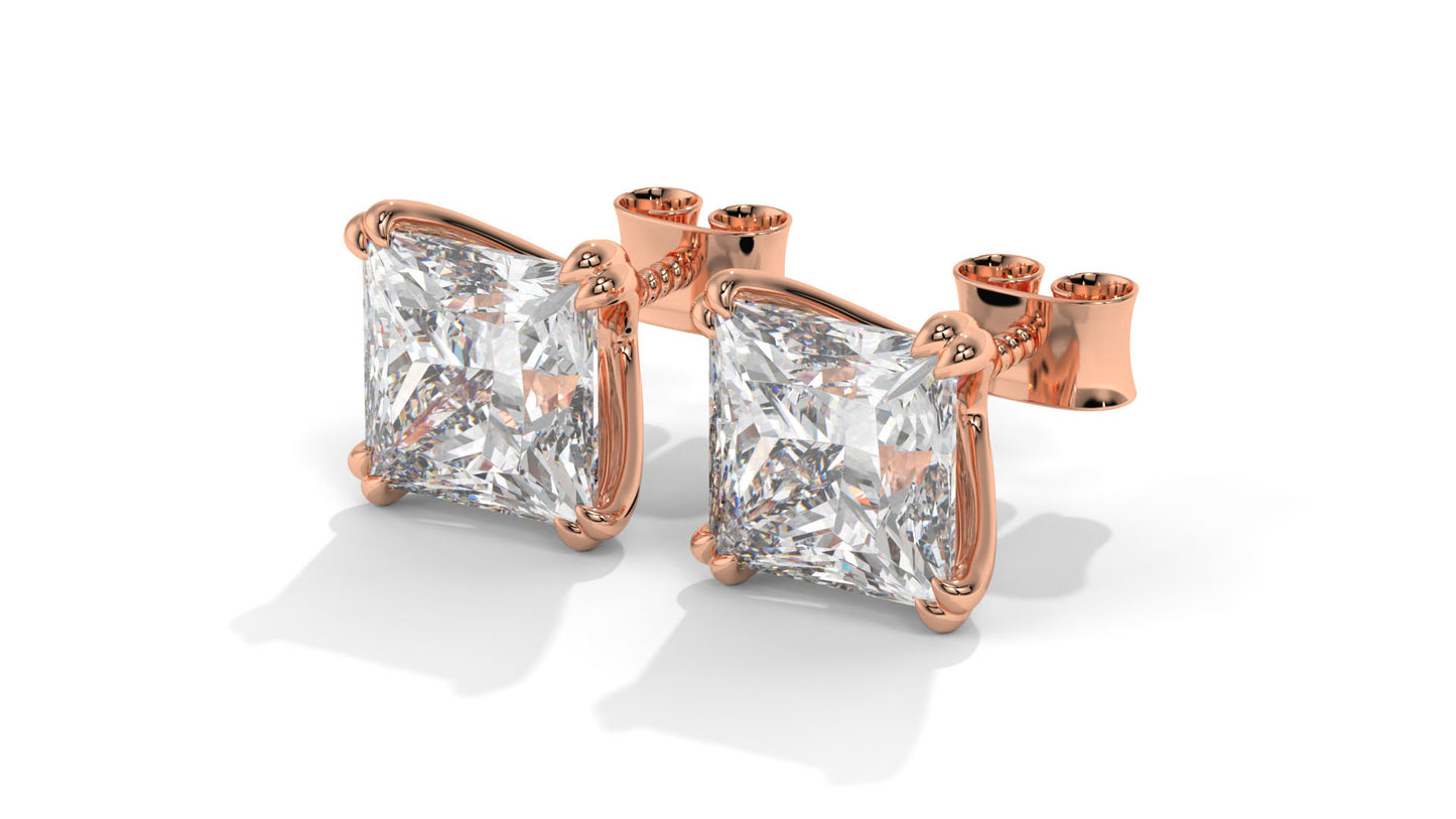 3 CTW Princess-Cut Diamond Stud Earrings In 14K Rose Gold – Four-Prong Setting