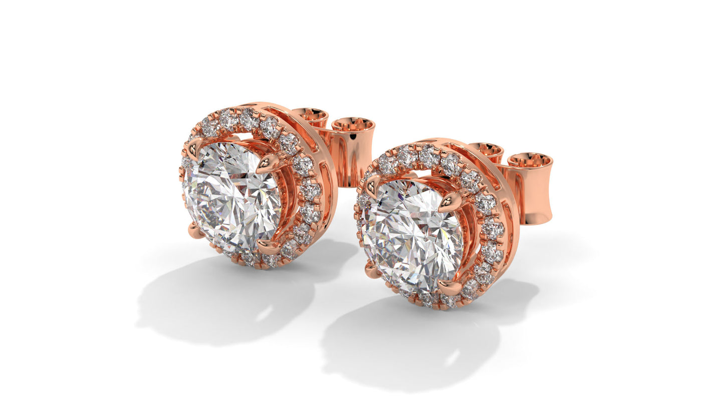 2.29 Ctw Diamond Halo Stud Earrings in 14K Rose Gold - 2 Ct Center Stones with Accent Halo