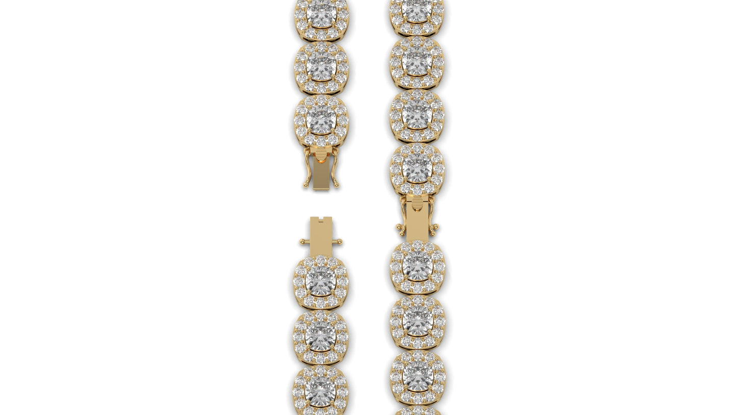 30.26 CTW Diamond Tennis Bracelet in 14K Yellow Gold – Cushion and Round Halo Design