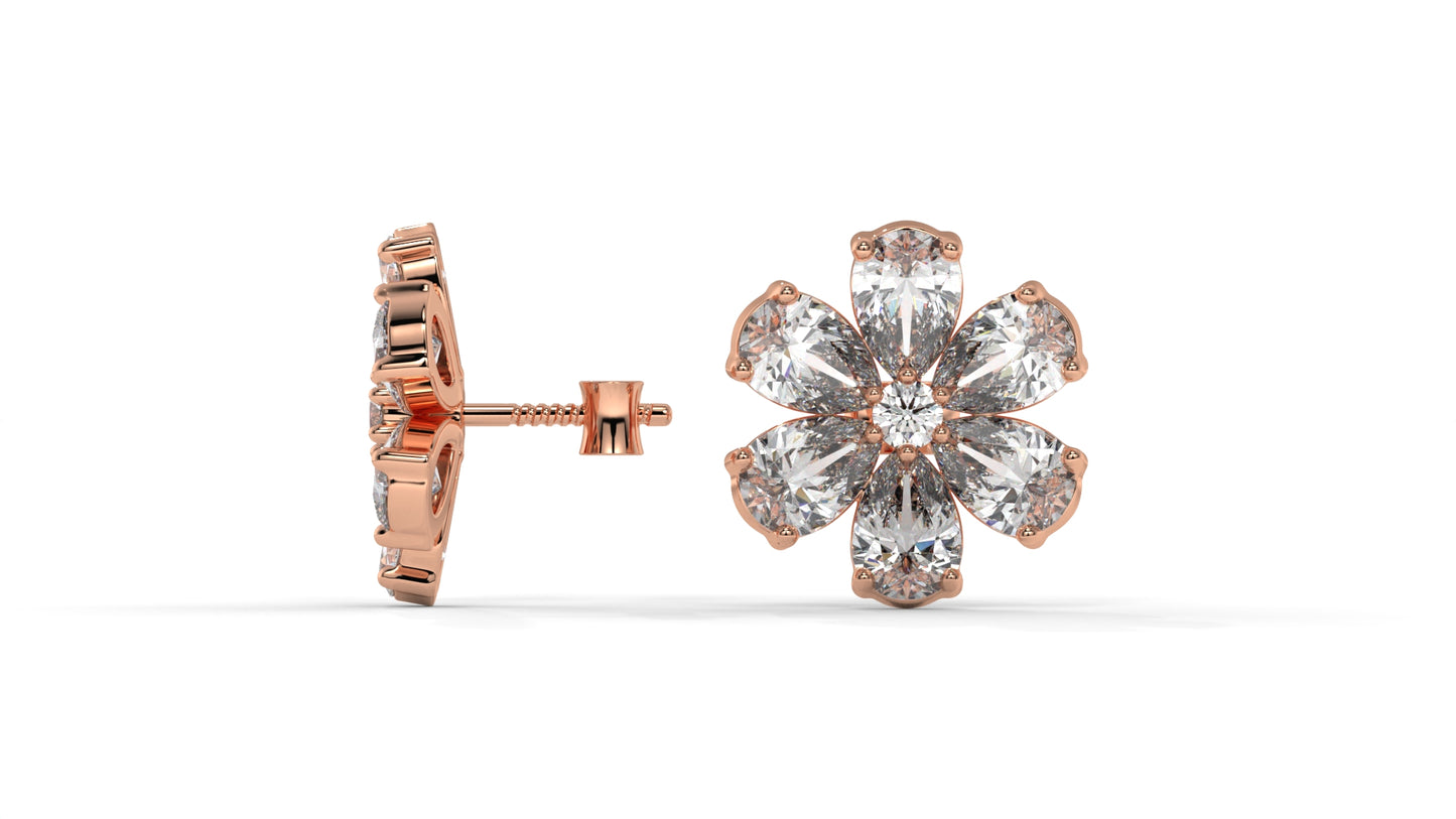 8.14 CTW Diamond Flower Stud Earrings in 14K Rose Gold - Pear-Shaped Cluster Design