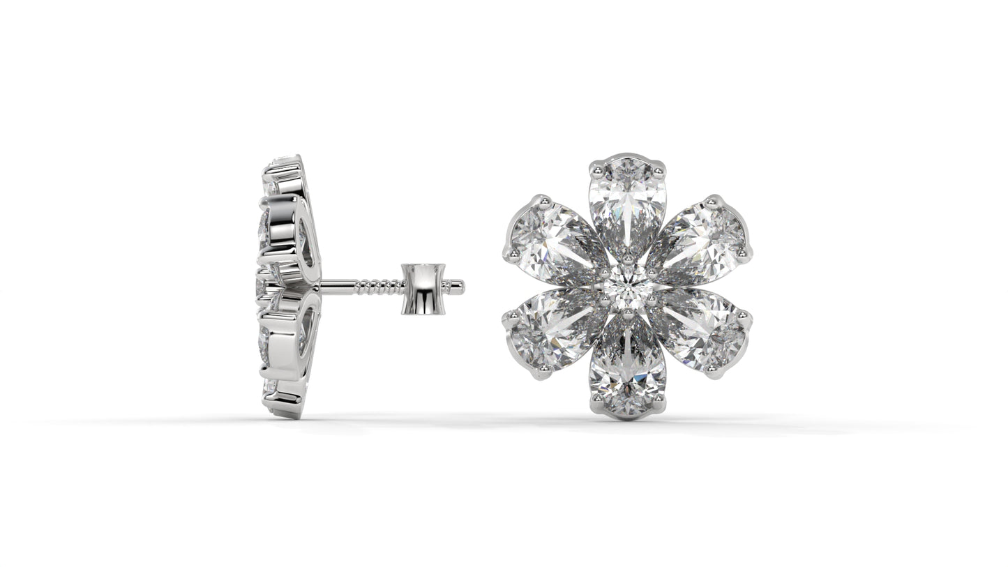 8.14 CTW Diamond Flower Stud Earrings in 14K White Gold - Pear-Shaped Cluster Design