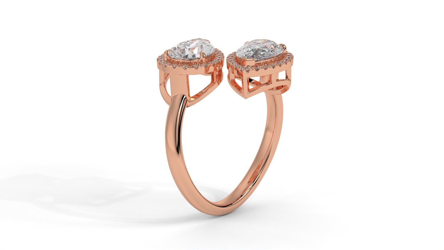 1.95 CTW Toi et Moi Diamond Ring in 14K Rose Gold with Pear and Round Cut Diamonds
