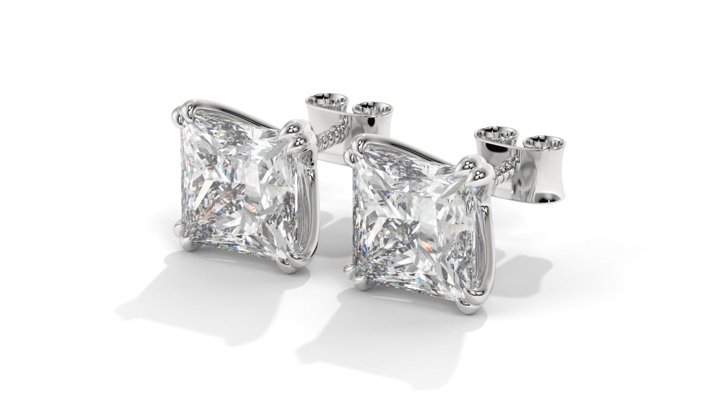 3 CTW Princess-Cut Diamond Stud Earrings In 14K White Gold – Four-Prong Setting