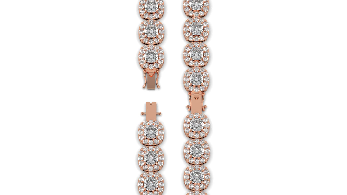 30.26 CTW Diamond Tennis Bracelet in 14K Rose Gold – Cushion and Round Halo Design