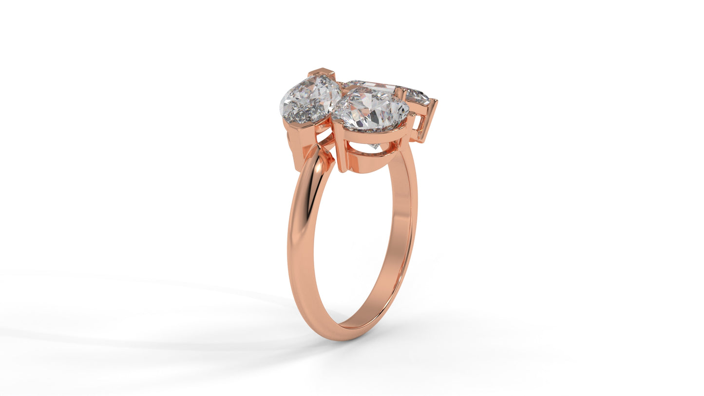 3.00 CTW Three-Stone Toi et Moi Diamond Ring in 14K Rose Gold with Pear, Emerald, and Marquise Diamonds