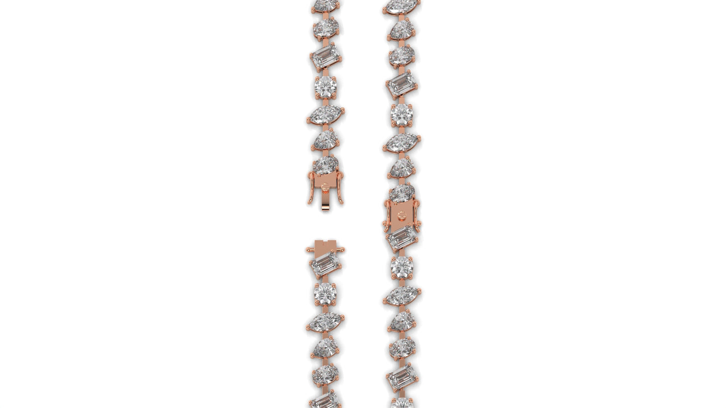12.50 CTW Mixed Shape Diamond Bracelet in 14K Rose Gold – Round, Emerald, Oval, Pear & Marquise Cut