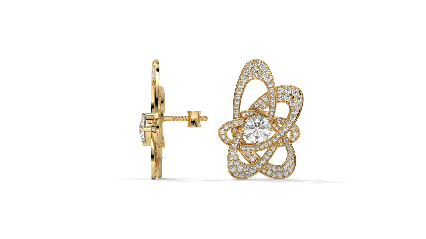 4.31 CTW Round Diamond Designer Stud Earrings in 14K Yellow Gold In Pavé Setting