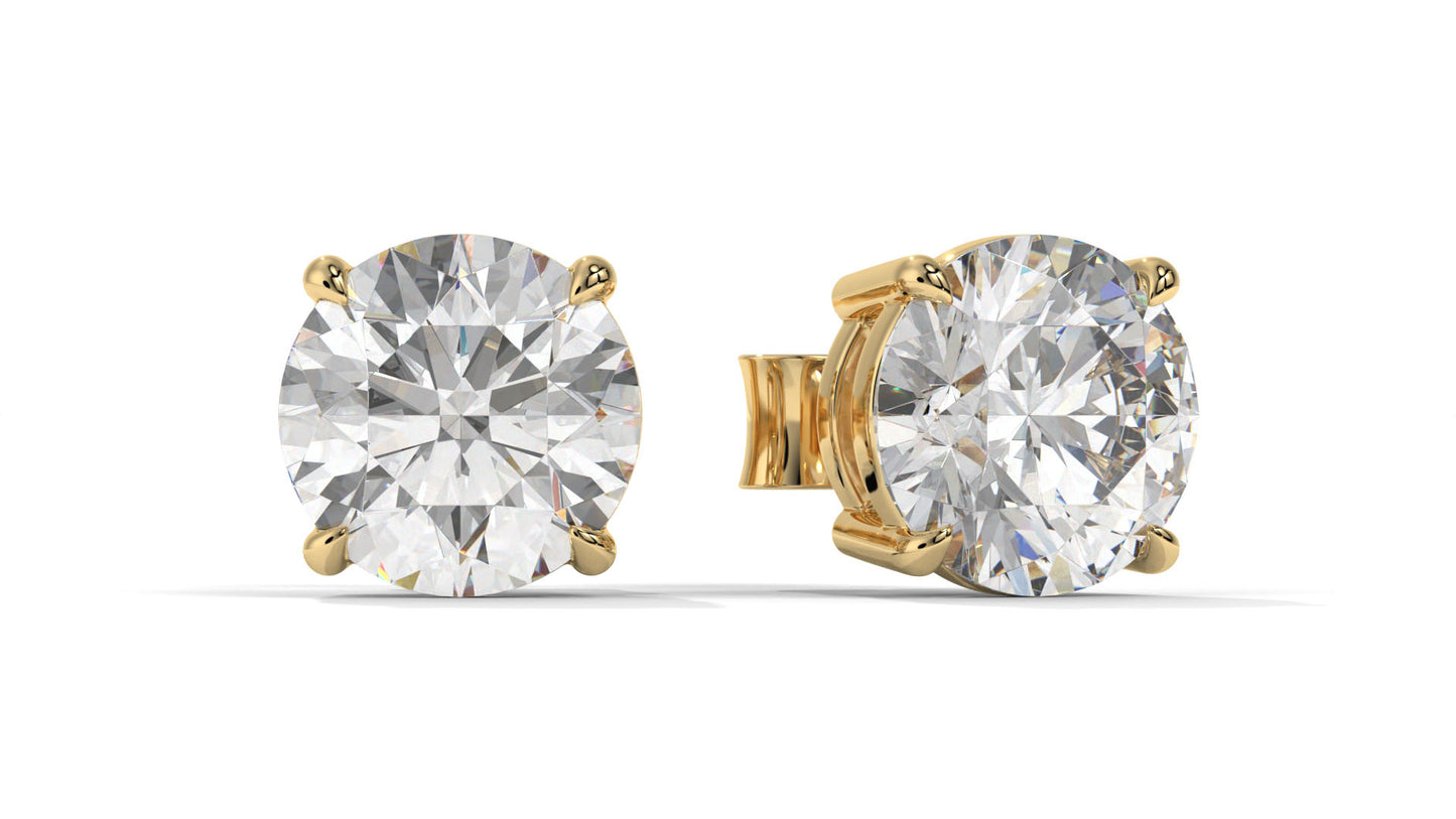 4 CTW Round Diamond Stud Earrings In 14K Yellow Gold – Brilliant-Cut, Double-Prong Basket Setting