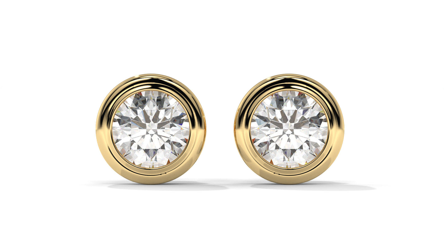3 CTW Round Diamond Bezel-Set Stud Earrings In 14K Yellow Gold – Brilliant-Cut, Screw Back