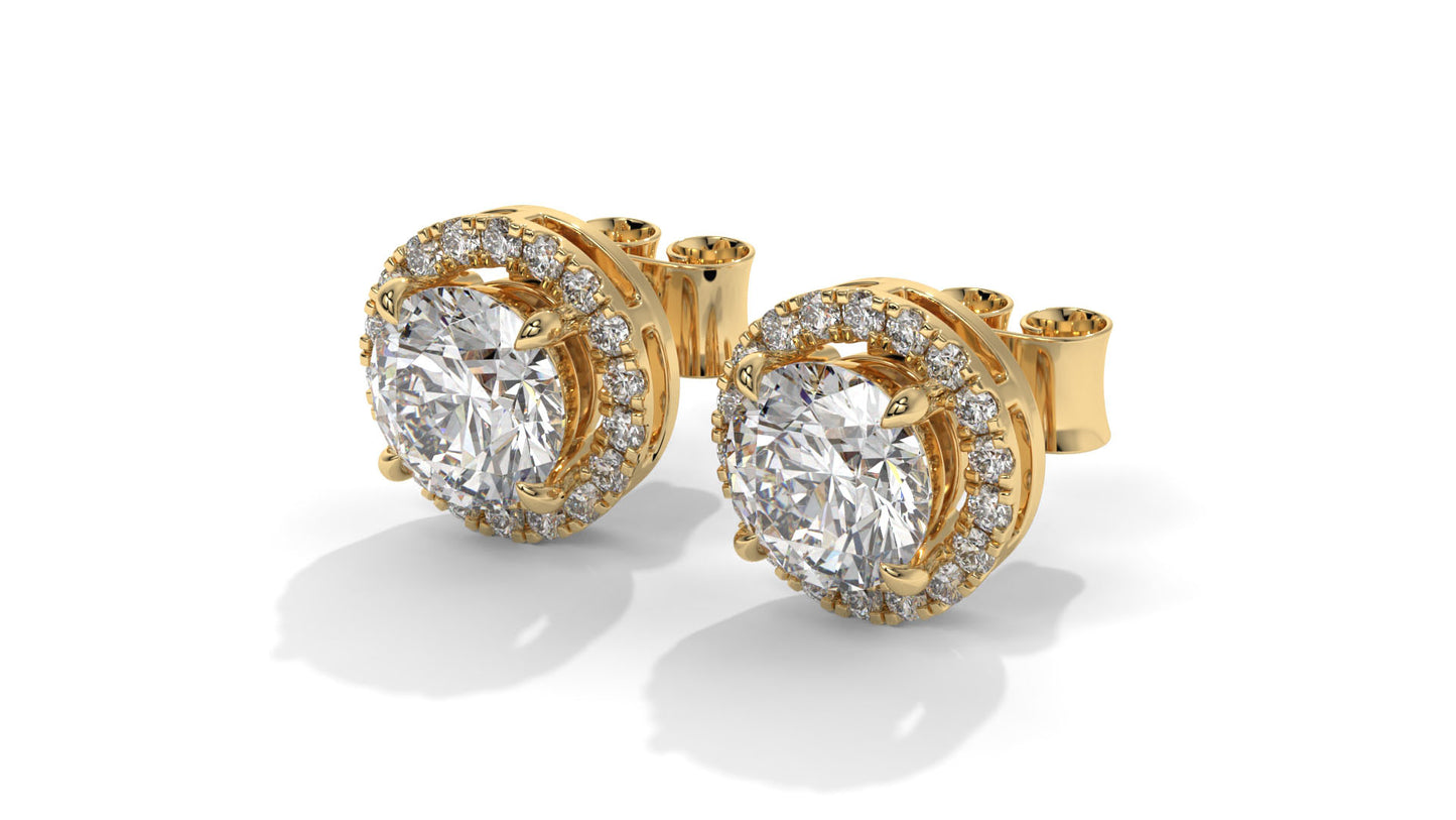 2.29 Ctw Diamond Halo Stud Earrings in 14K Yellow Gold - 2 Ct Center Stones with Accent Halo