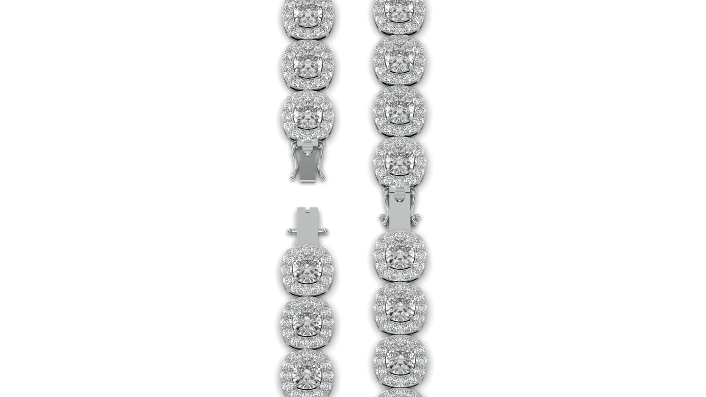 30.26 CTW Diamond Tennis Bracelet in 14K White Gold – Cushion and Round Halo Design