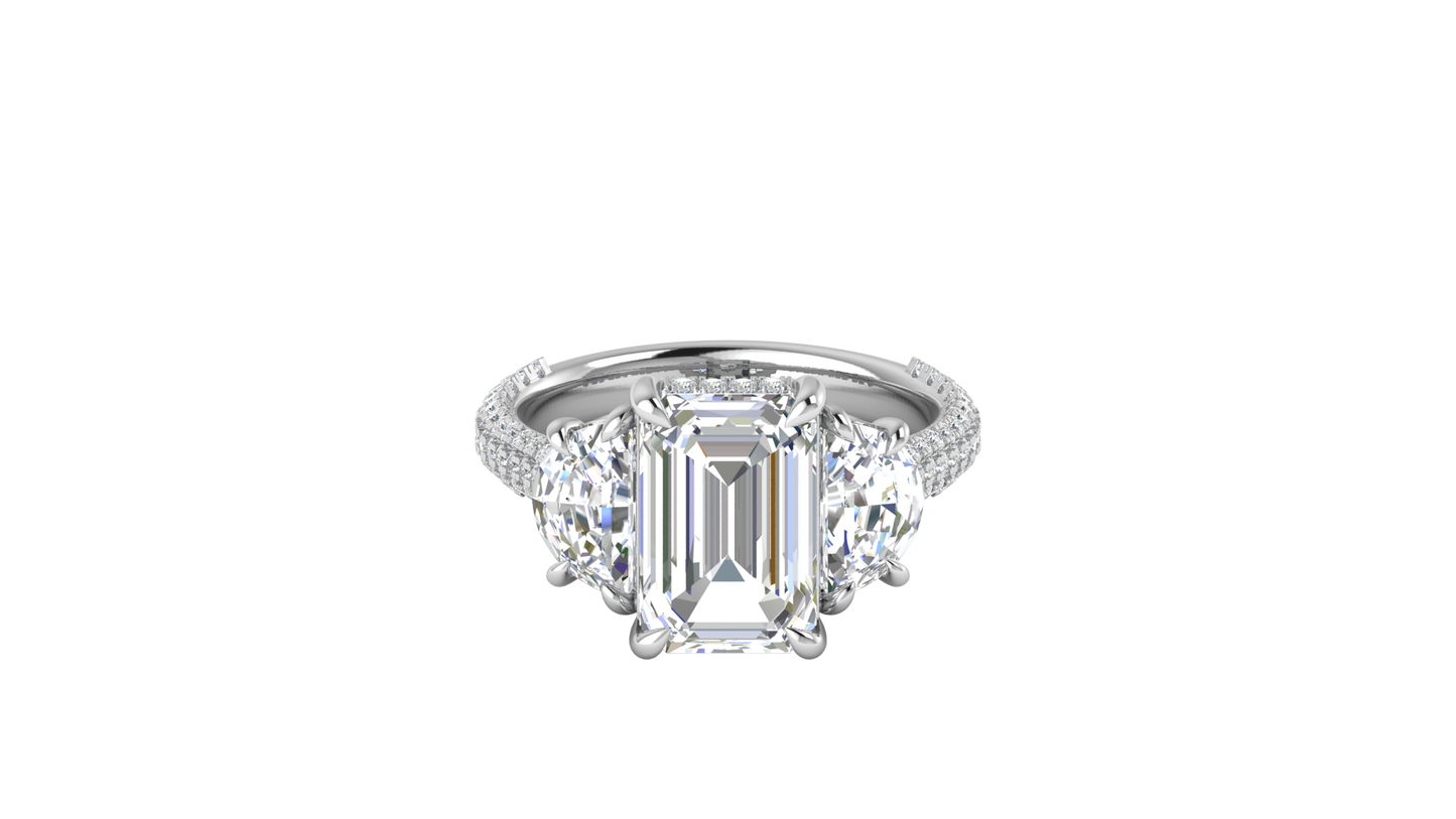 4 Carat Emerald Cut Engagement Ring With Half-Moon Side Stones In 14K White Gold