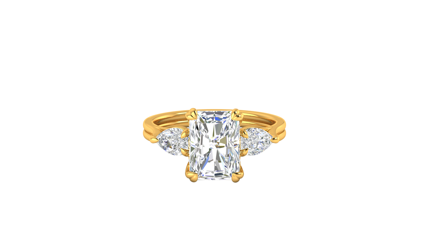 3 Carat Radiant Cut Engagement Ring With Pear Shaped Side Stones In 14K Yellow Gold