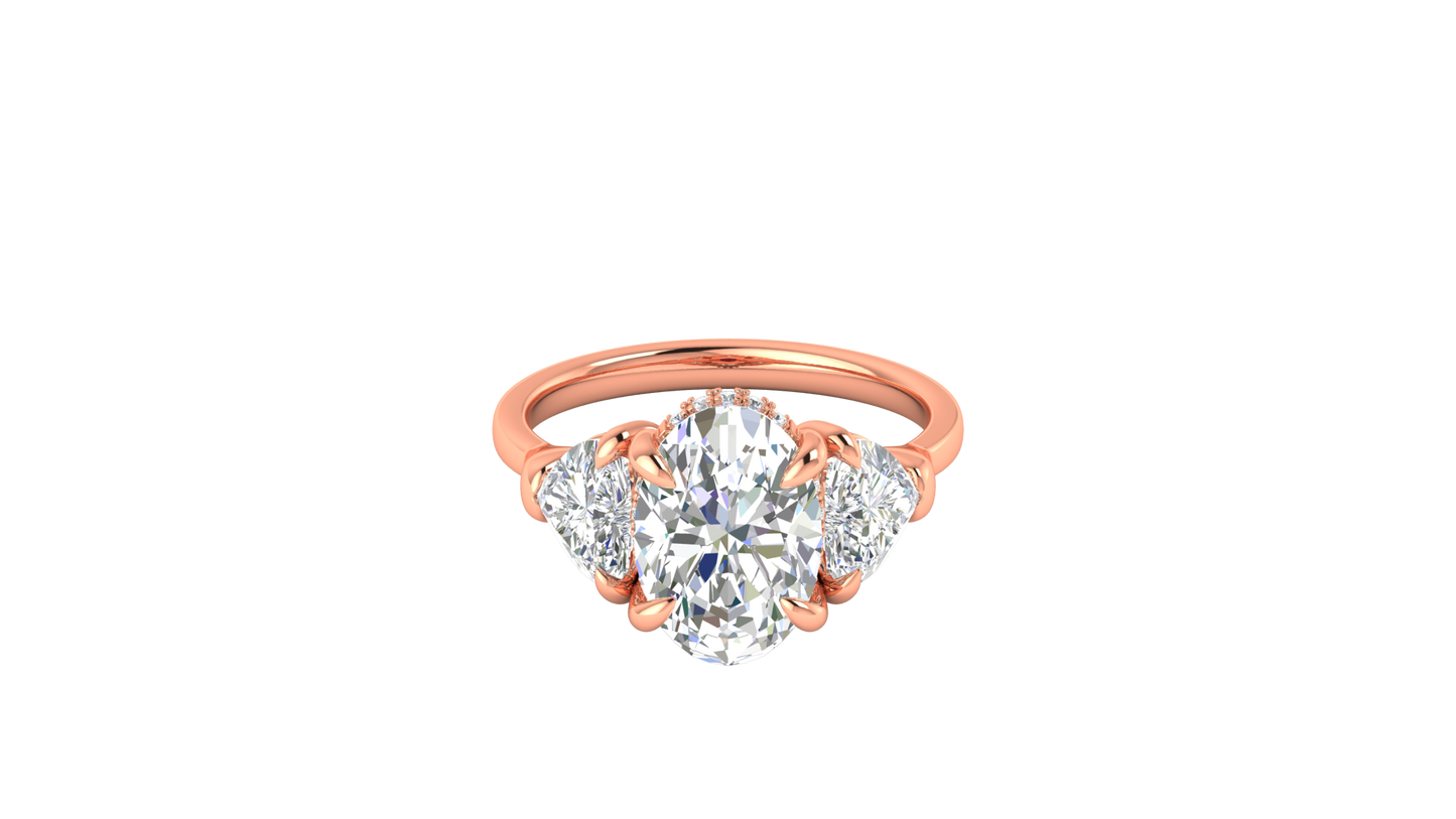 3 Carat Oval Cut Engagement Ring With Heart Shape Side Stones In 14K Rose Gold