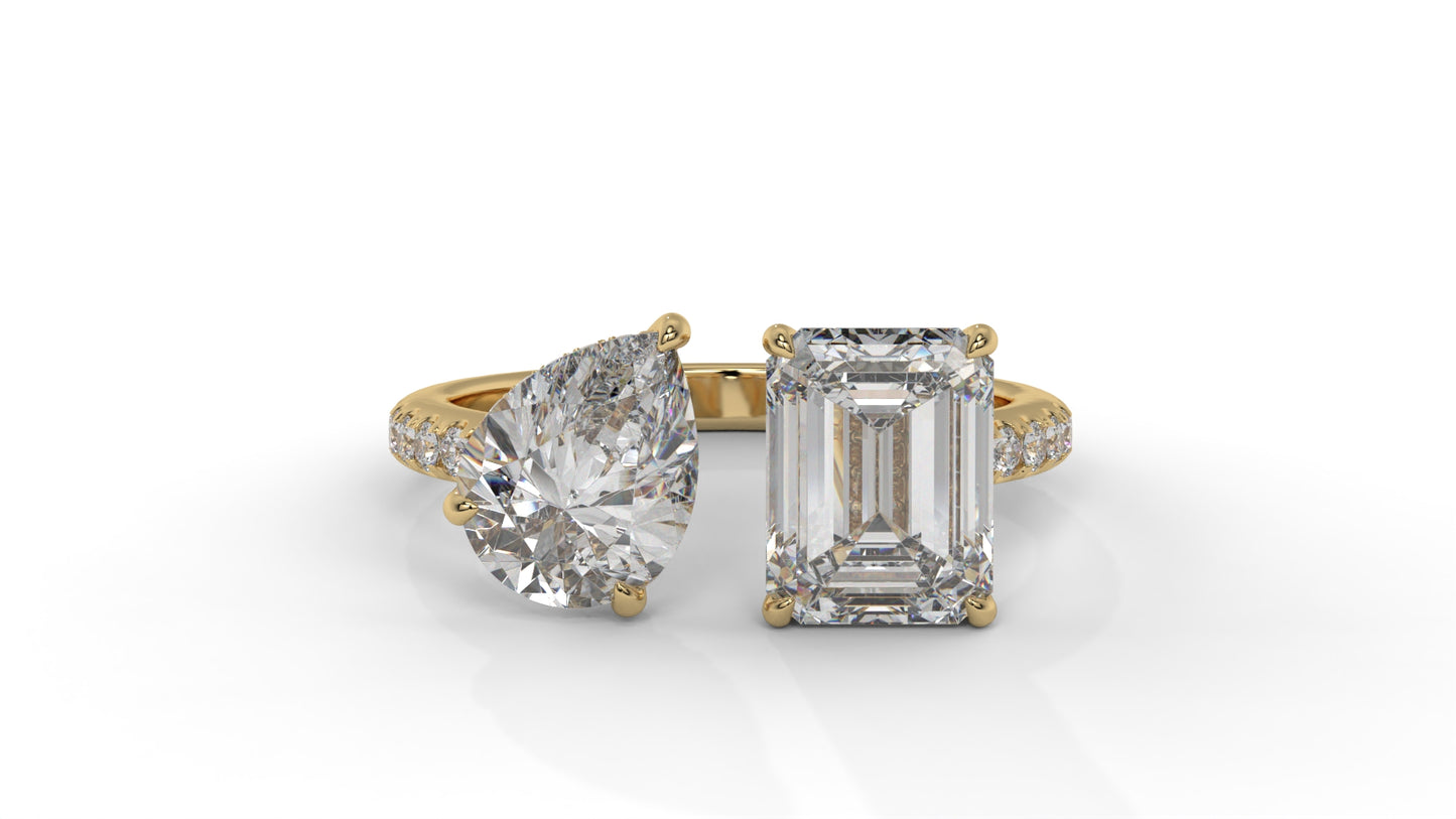 4.50 CTW Toi et Moi Diamond Ring in 14K Yellow Gold with Pear and Emerald Cut Diamonds