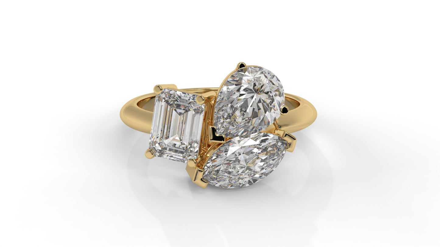 3.00 CTW Three-Stone Toi et Moi Diamond Ring in 14K Yellow Gold with Pear, Emerald, and Marquise Diamonds