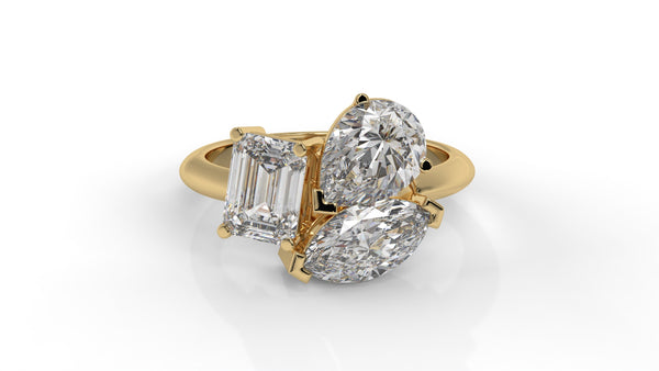 3.00 CTW Three-Stone Toi et Moi Diamond Ring in 14K Yellow Gold with Pear, Emerald, and Marquise Diamonds