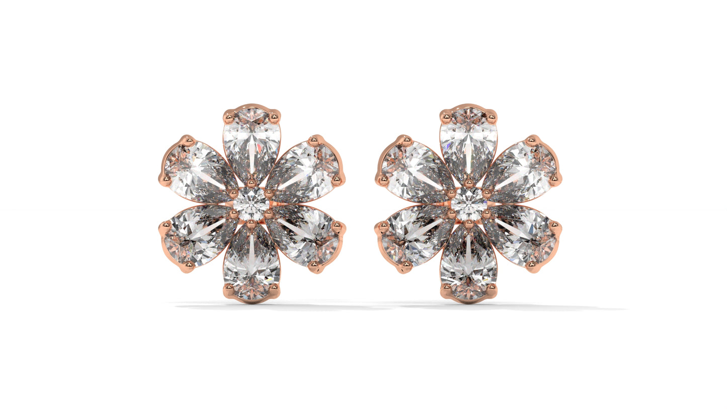 8.14 CTW Diamond Flower Stud Earrings in 14K Rose Gold - Pear-Shaped Cluster Design