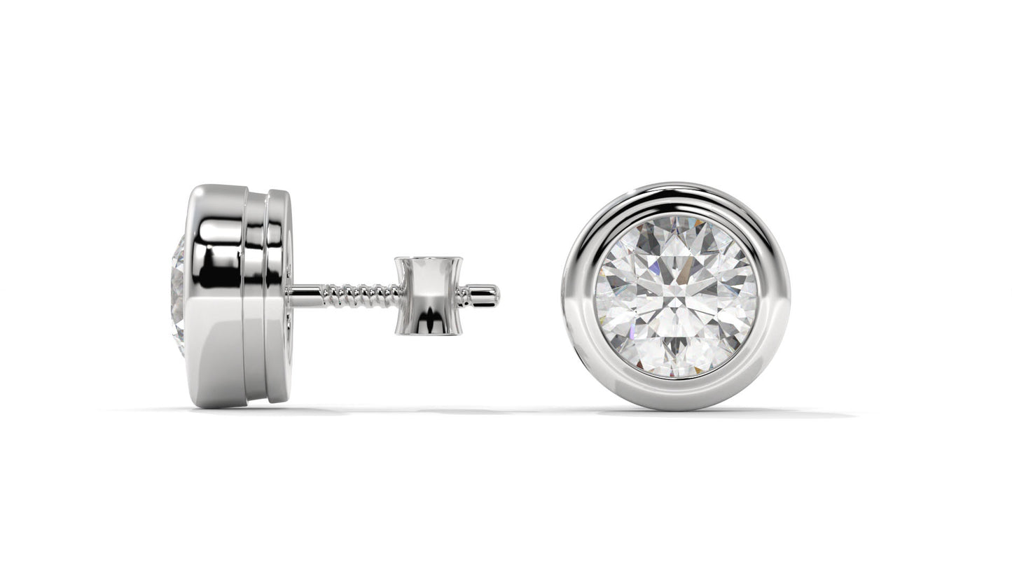 3 CTW Round Diamond Bezel-Set Stud Earrings In 14K White Gold – Brilliant-Cut, Screw Back