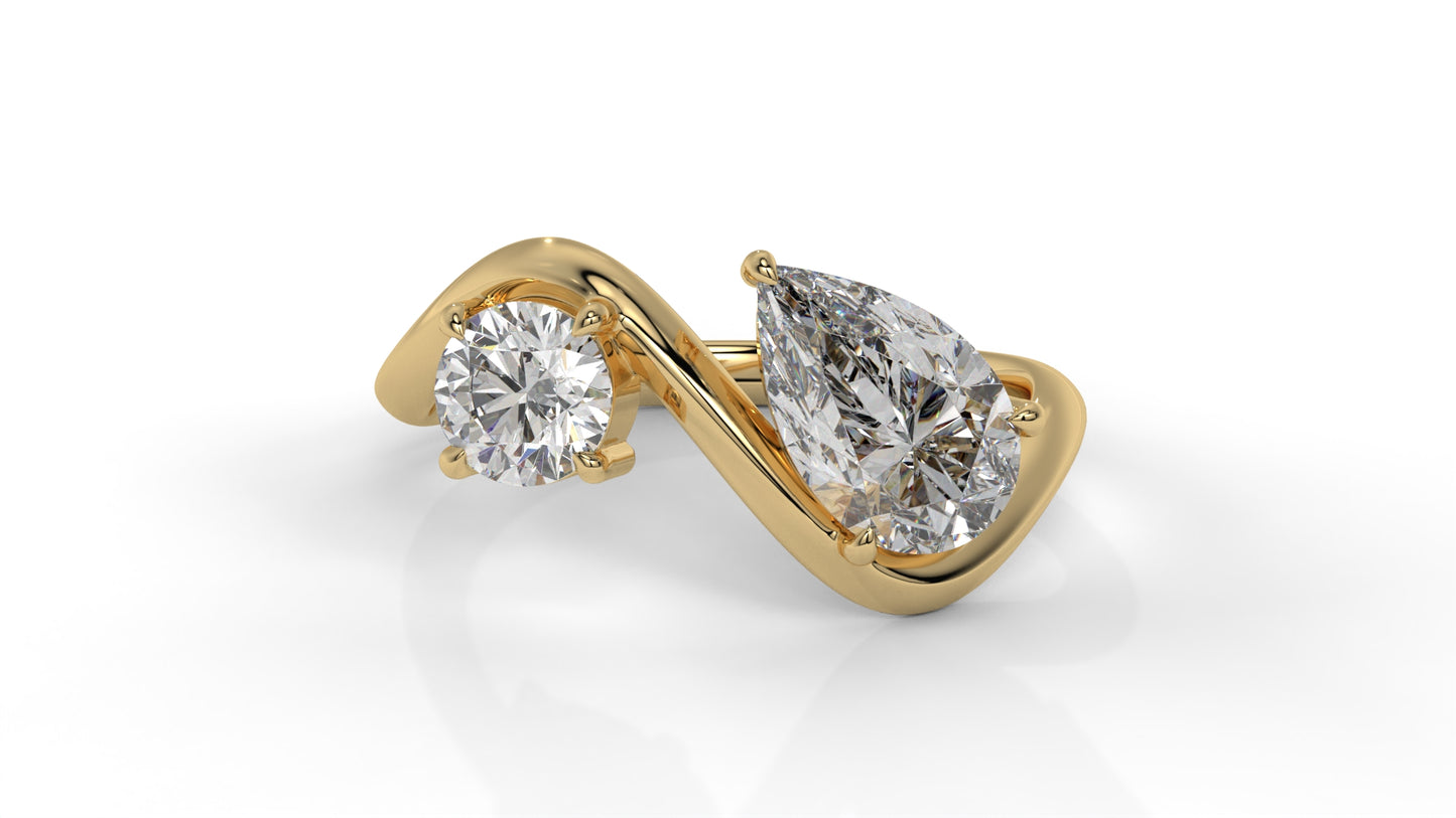 2.21 CTW Toi et Moi Diamond Ring in 14K Yellow Gold with Round and Pear Cut Diamonds