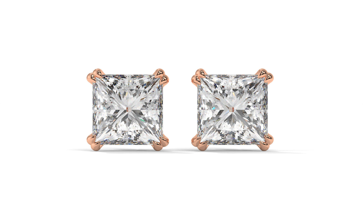 3 CTW Princess-Cut Diamond Stud Earrings In 14K Rose Gold – Four-Prong Setting