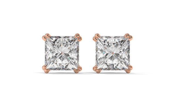 3 CTW Princess-Cut Diamond Stud Earrings In 14K Rose Gold – Four-Prong Setting