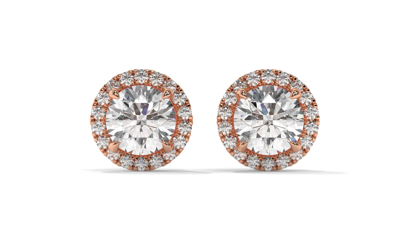 2.29 Ctw Diamond Halo Stud Earrings in 14K Rose Gold - 2 Ct Center Stones with Accent Halo