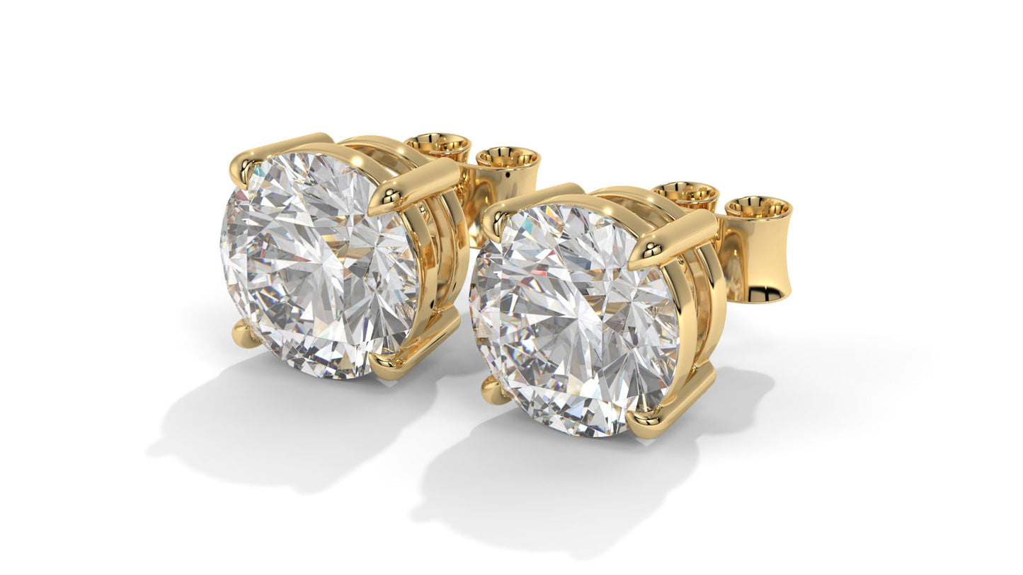 4 CTW Round Diamond Stud Earrings In 14K Yellow Gold – Brilliant-Cut, Double-Prong Basket Setting