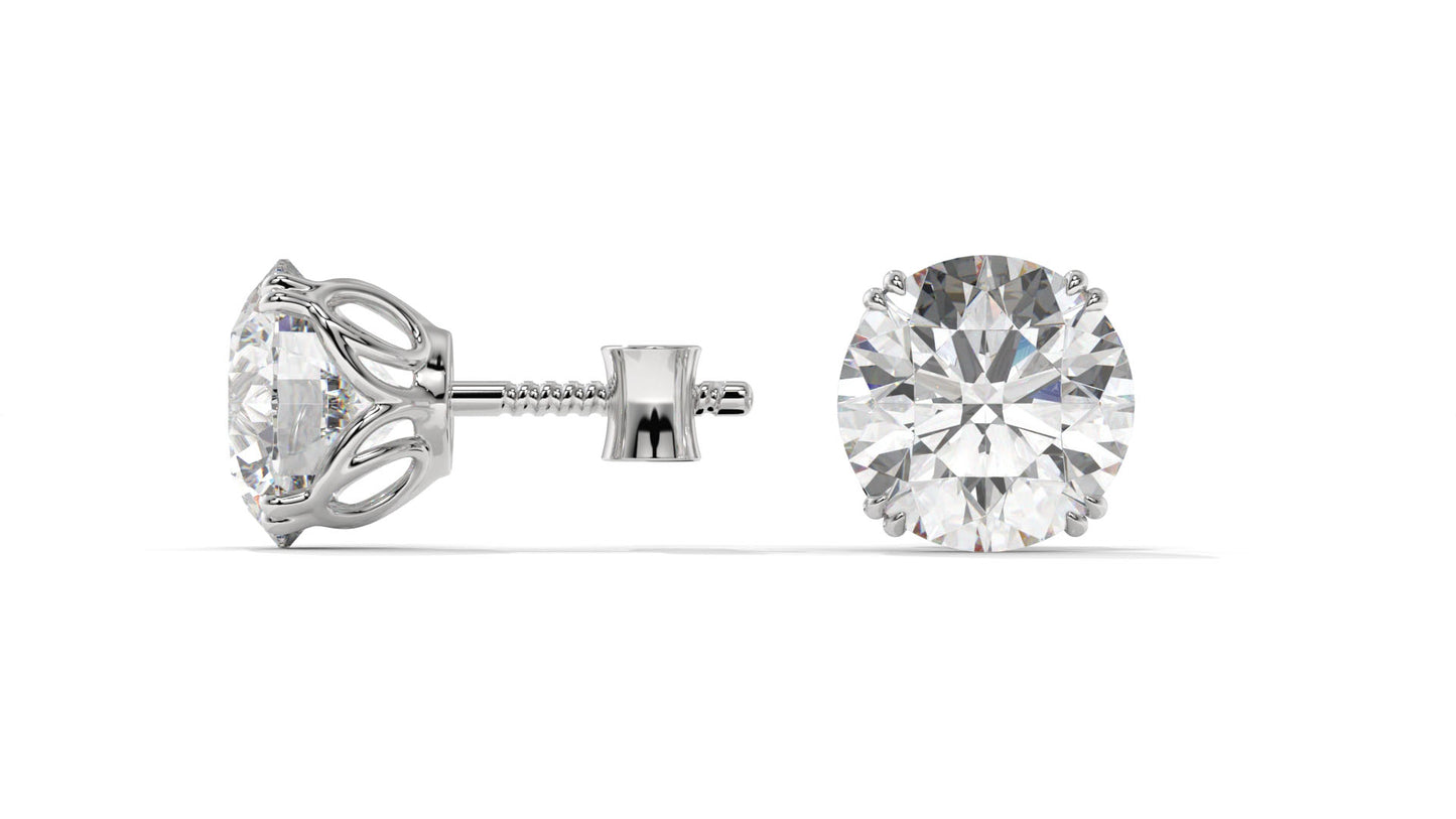3 CTW Round Diamond Stud Earrings In 14K White Gold – Brilliant-Cut, Four-Prong Filigree Basket, Screw Back