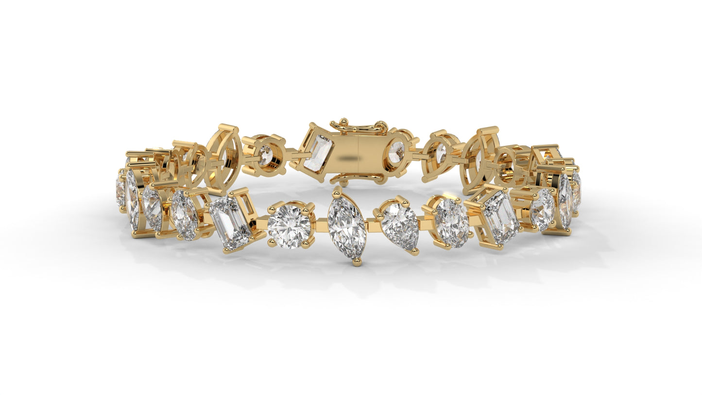 12.50 CTW Mixed Shape Diamond Bracelet in 14K Yellow Gold – Round, Emerald, Oval, Pear & Marquise Cut
