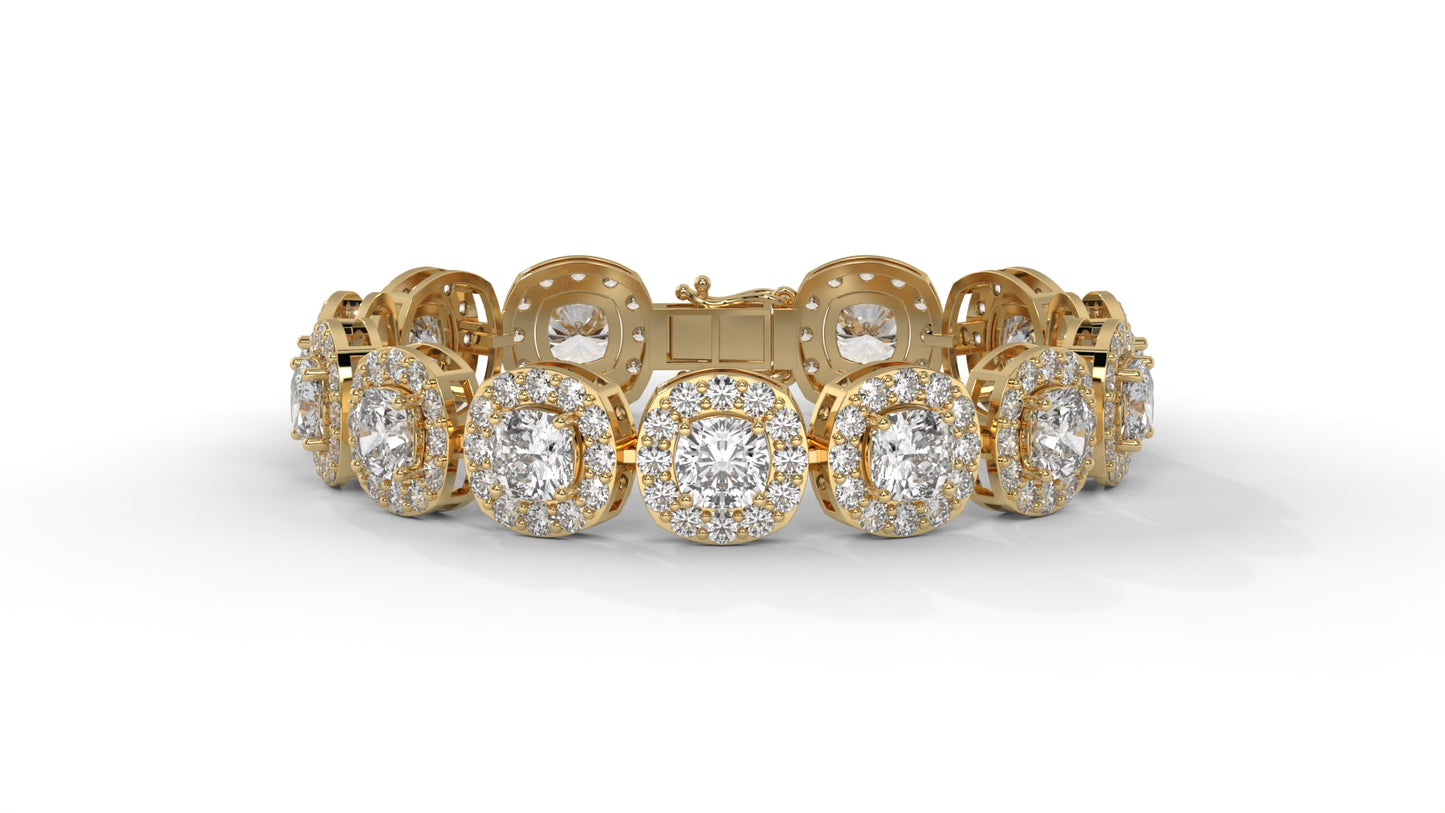 30.26 CTW Diamond Tennis Bracelet in 14K Yellow Gold – Cushion and Round Halo Design
