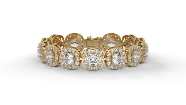 30.26 CTW Diamond Tennis Bracelet in 14K Yellow Gold – Cushion and Round Halo Design