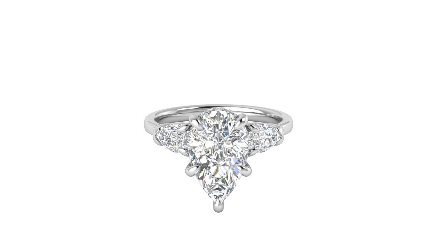 3 Carat Pear Cut Engagement Ring With Pear Shape Side Stones In 14K White Gold
