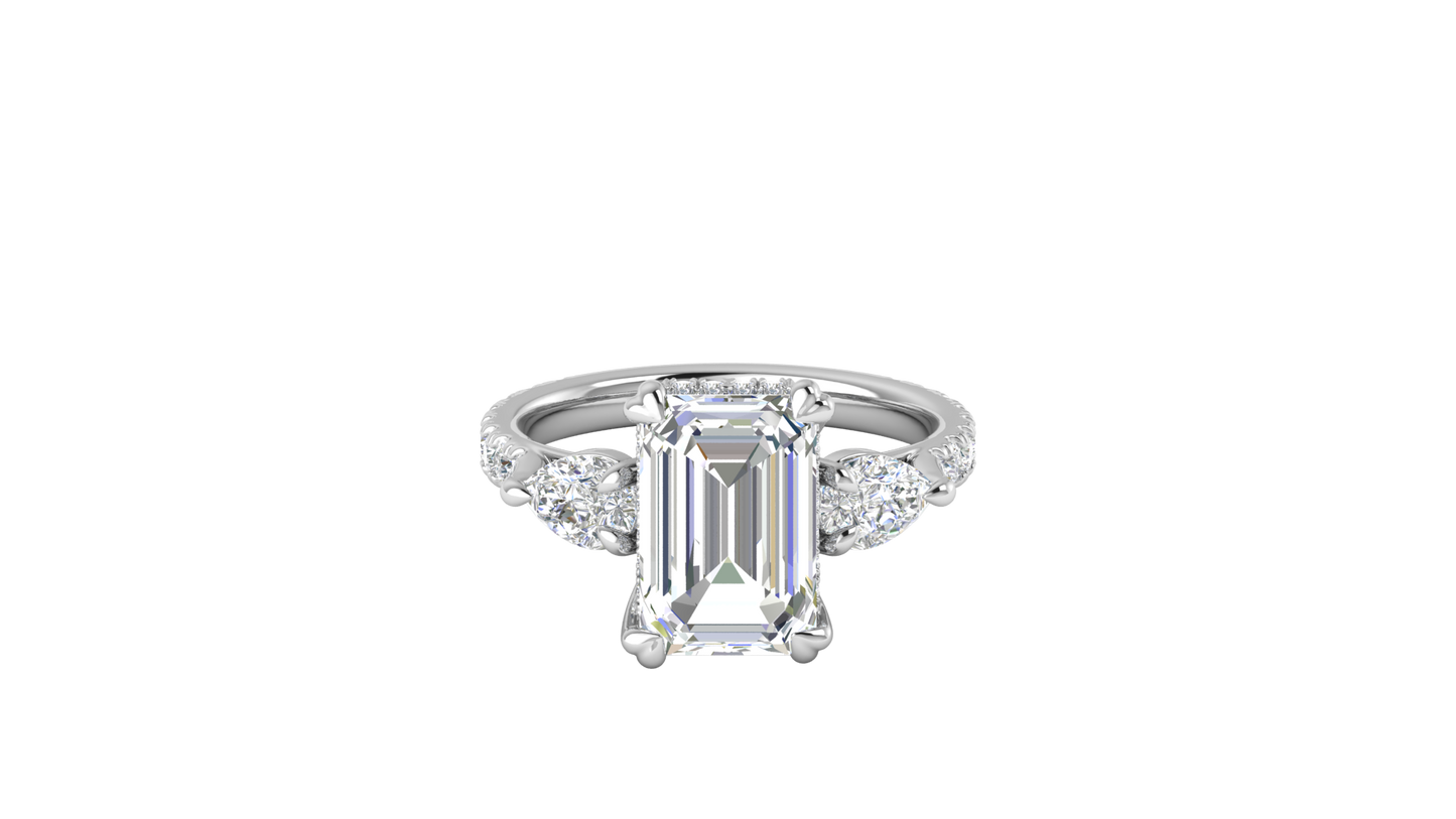 4 Carat Emerald Cut Engagement Ring With Pear Side Stones In 14K White Gold