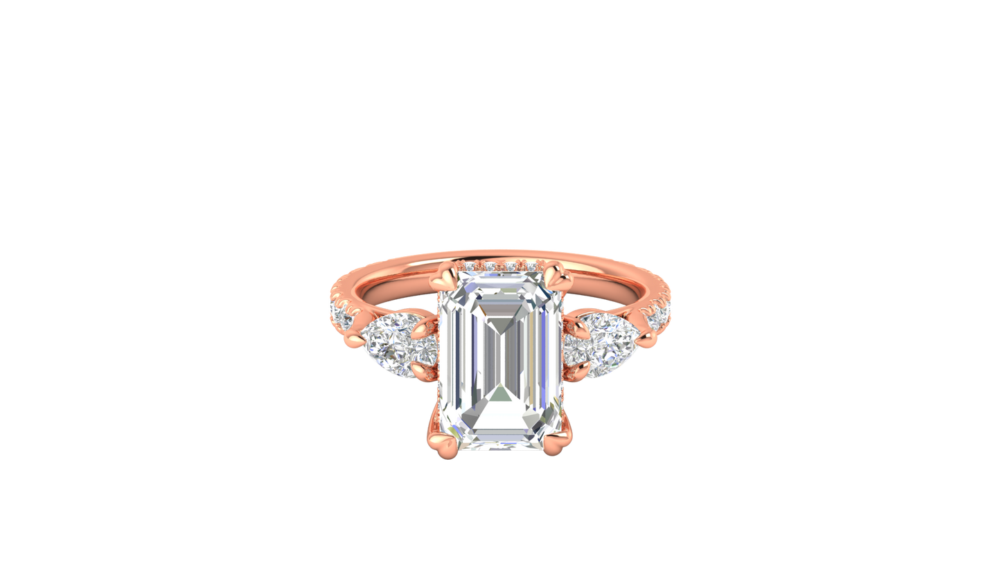 4 Carat Emerald Cut Engagement Ring With Pear Side Stones In 14K Rose Gold
