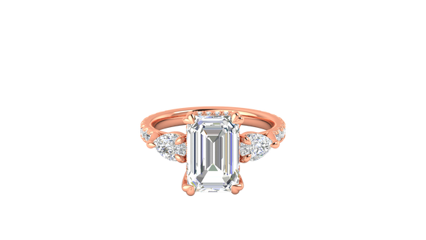 4 Carat Emerald Cut Engagement Ring With Pear Side Stones In 14K Rose Gold