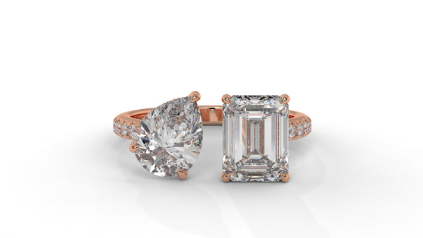 4.50 CTW Toi et Moi Diamond Ring in 14K Rose Gold with Pear and Emerald Cut Diamonds