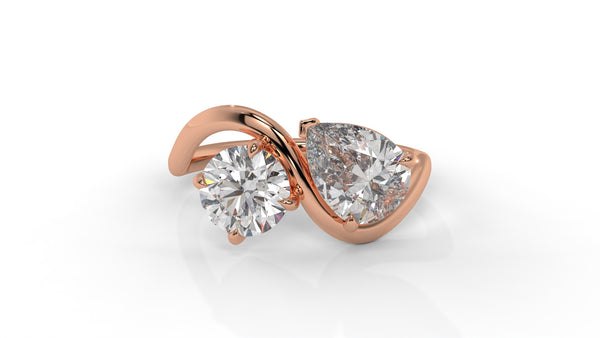 2.50 CTW Toi et Moi Diamond Ring in 14K Rose Gold with Round and Pear Cut Diamonds