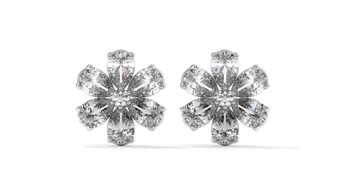 8.14 CTW Diamond Flower Stud Earrings in 14K White Gold - Pear-Shaped Cluster Design
