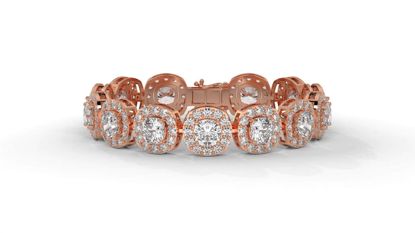 30.26 CTW Diamond Tennis Bracelet in 14K Rose Gold – Cushion and Round Halo Design