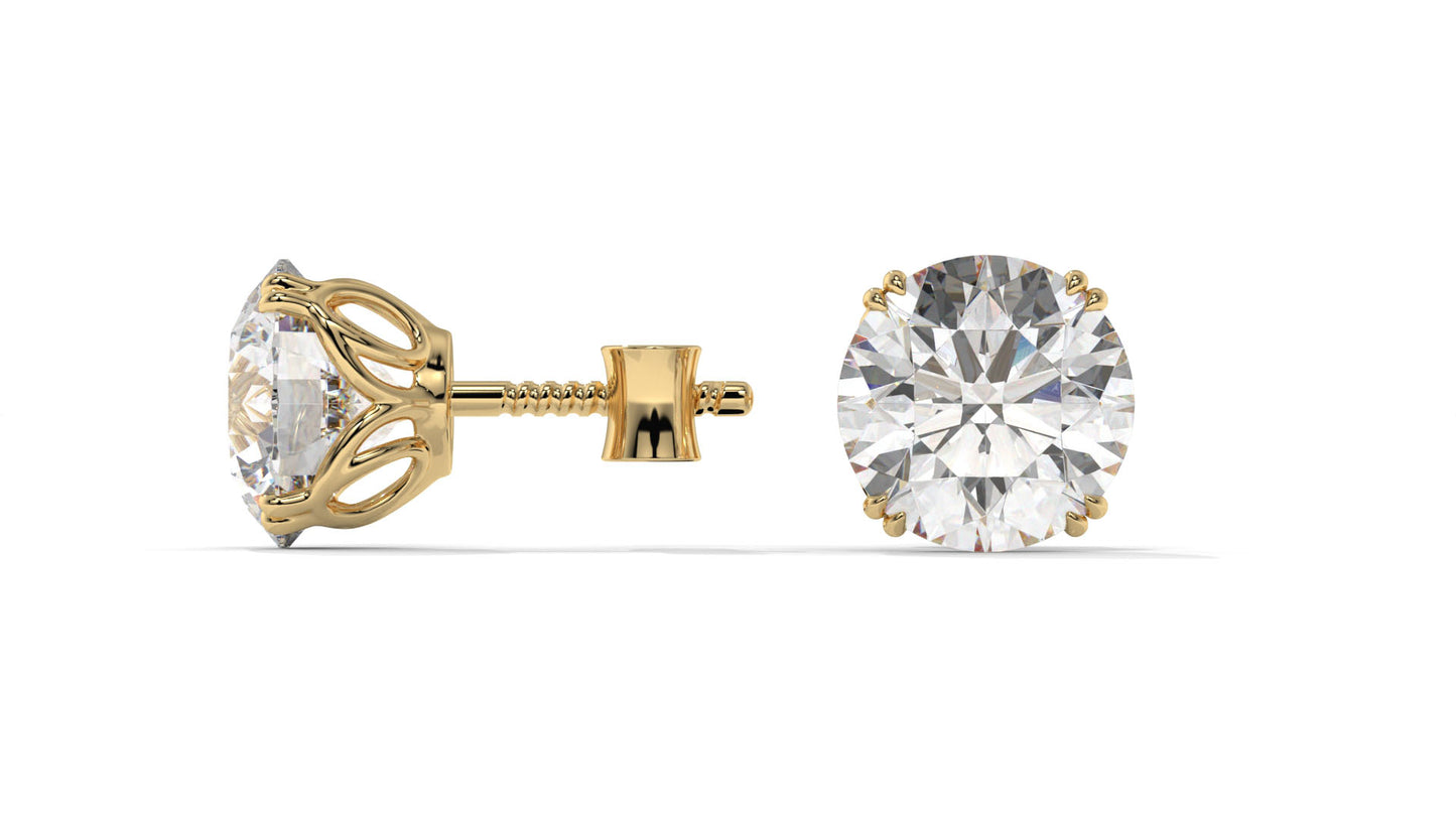 3 CTW Round Diamond Stud Earrings In 14K Yellow Gold – Brilliant-Cut, Four-Prong Filigree Basket, Screw Back