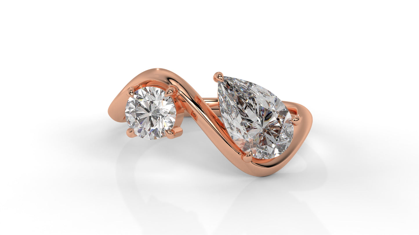 2.21 CTW Toi et Moi Diamond Ring in 14K Rose Gold with Round and Pear Cut Diamonds