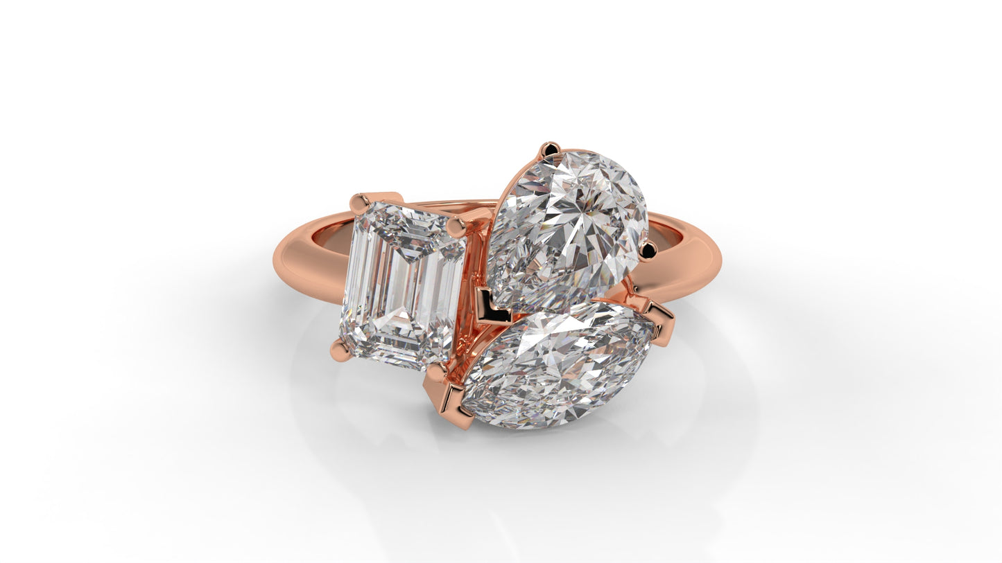 3.00 CTW Three-Stone Toi et Moi Diamond Ring in 14K Rose Gold with Pear, Emerald, and Marquise Diamonds