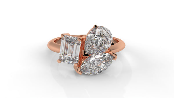 3.00 CTW Three-Stone Toi et Moi Diamond Ring in 14K Rose Gold with Pear, Emerald, and Marquise Diamonds